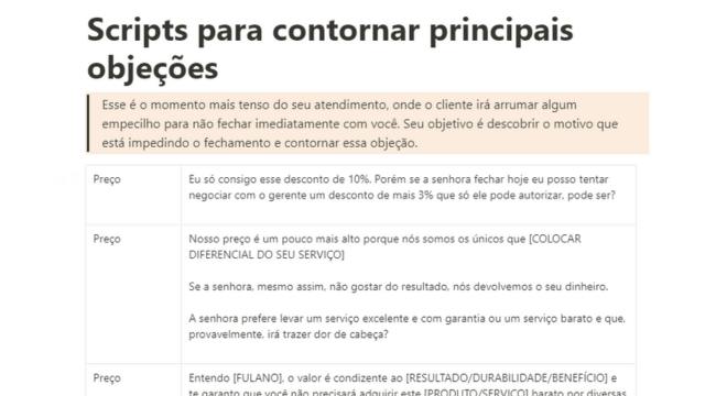 Scripts de vendas para contornar objeções usados pelo time comercial